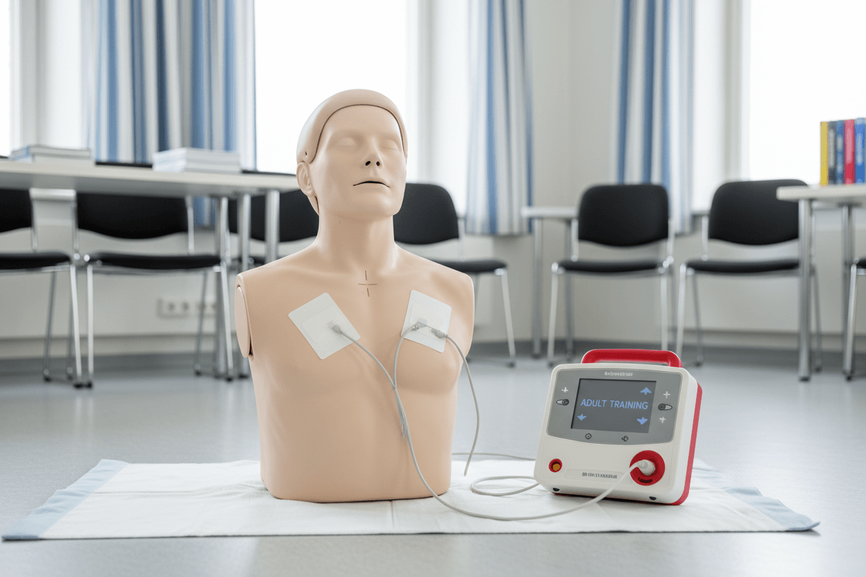 HLR dockor och träningshjärtstartare för första hjälpen-utbildning i klassrumsmiljö.