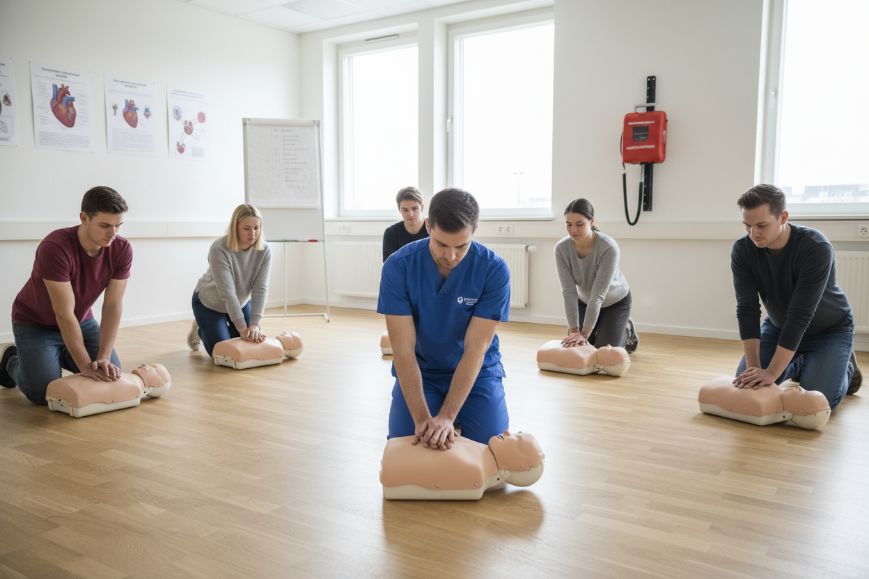 Deltagare lär sig HLR-teknik under bästa HLR-utbildningen Malmö i en utbildningslokal.