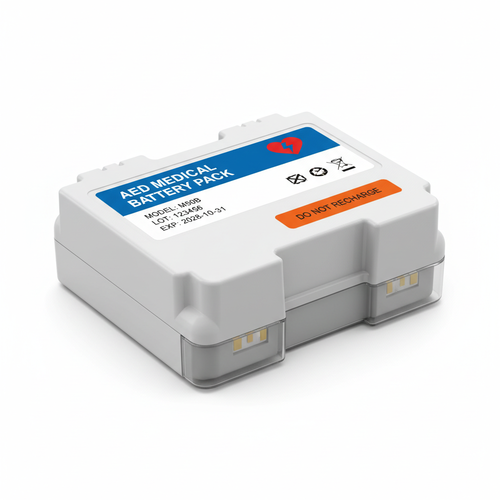 batteriets livslängd och underhåll för medicinsk AED-batteripack, modell 16810.