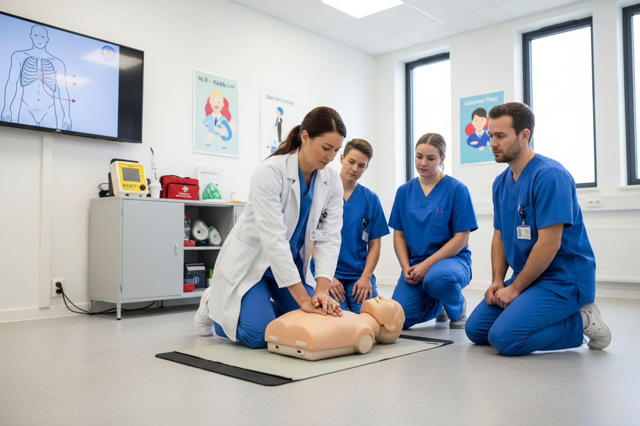 Föreläsning om HLR utbildning för livräddning med instruktör som visar tekniker på en docka.