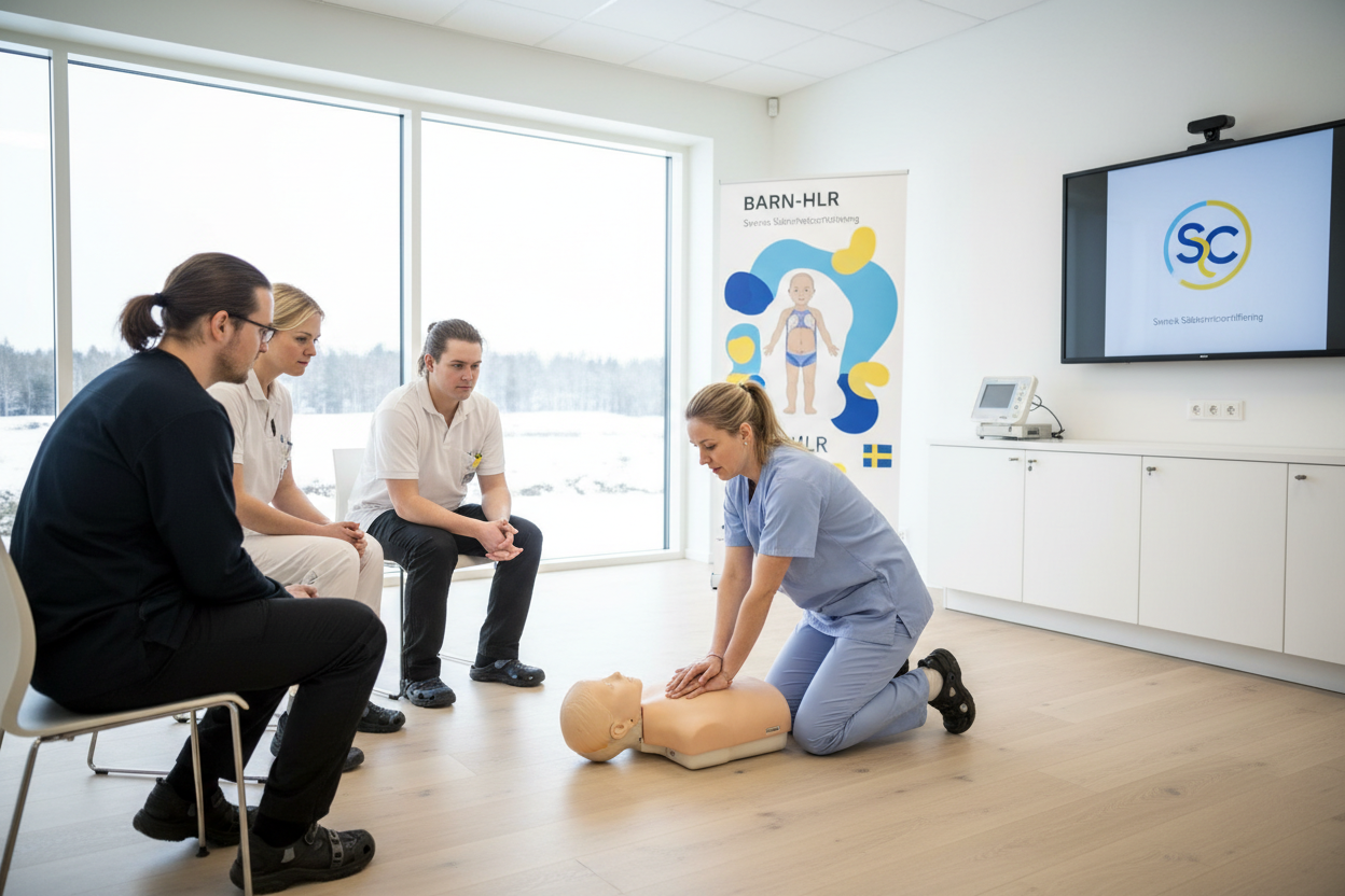 HLR för barn och spädbarn: Utbildning med instruktör och deltagare som övar på docka.