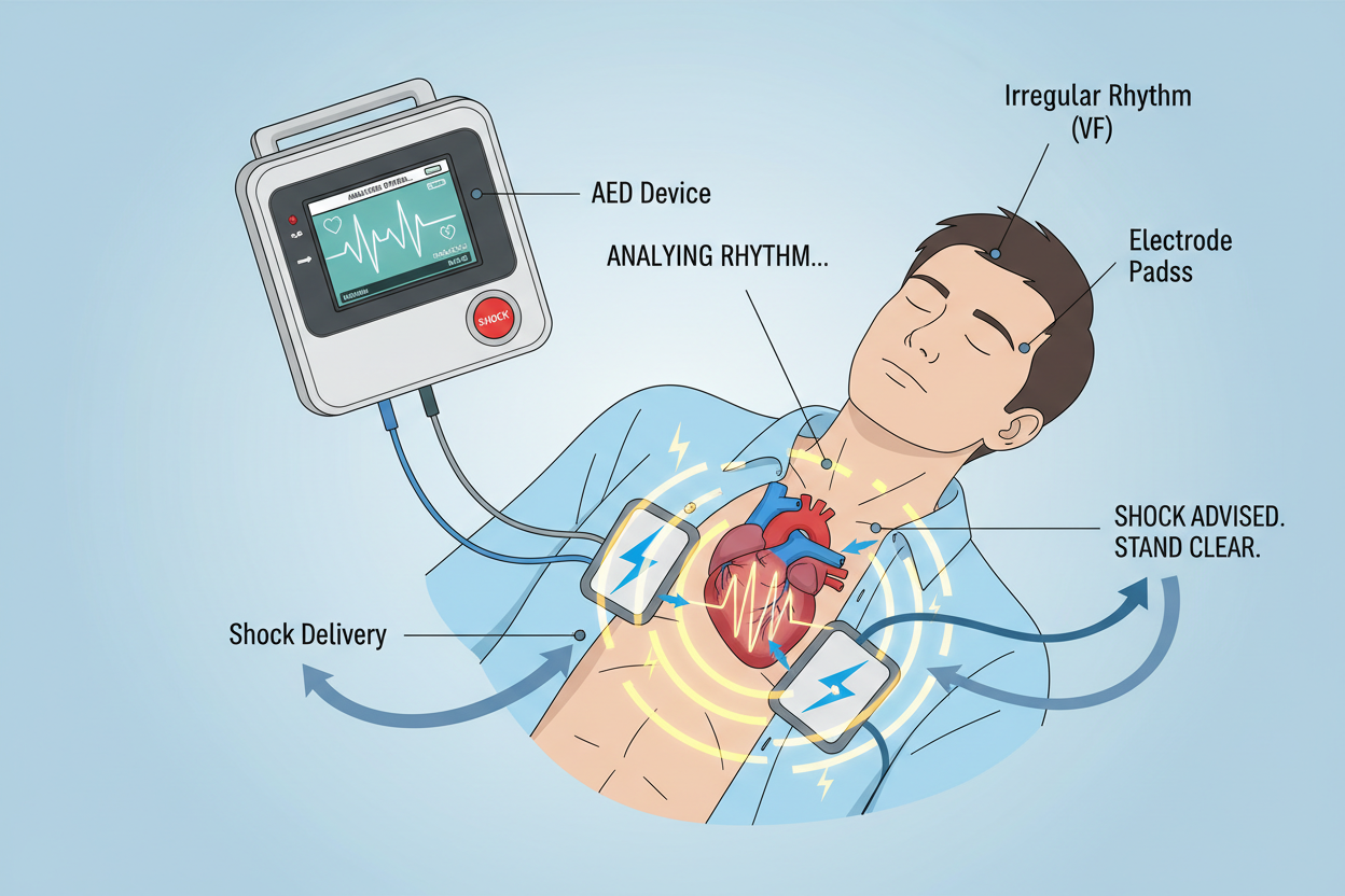 Hjärtstartare funktion av hjärtstartare med AED-enhet som analyserar rytm och levererar stöt.
