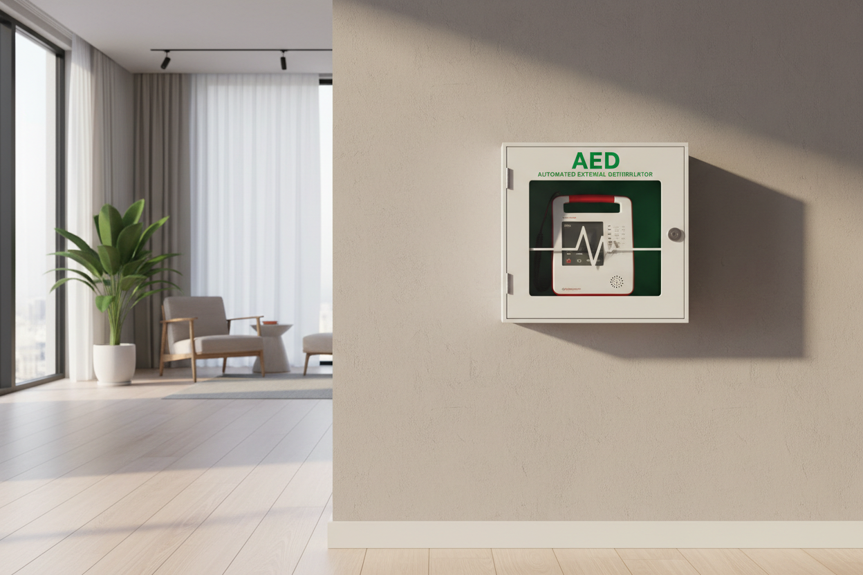 Hjärtstartare i hemmet i ett modernt rum med gåshud avsäkrad i ett skåp för livräddning.