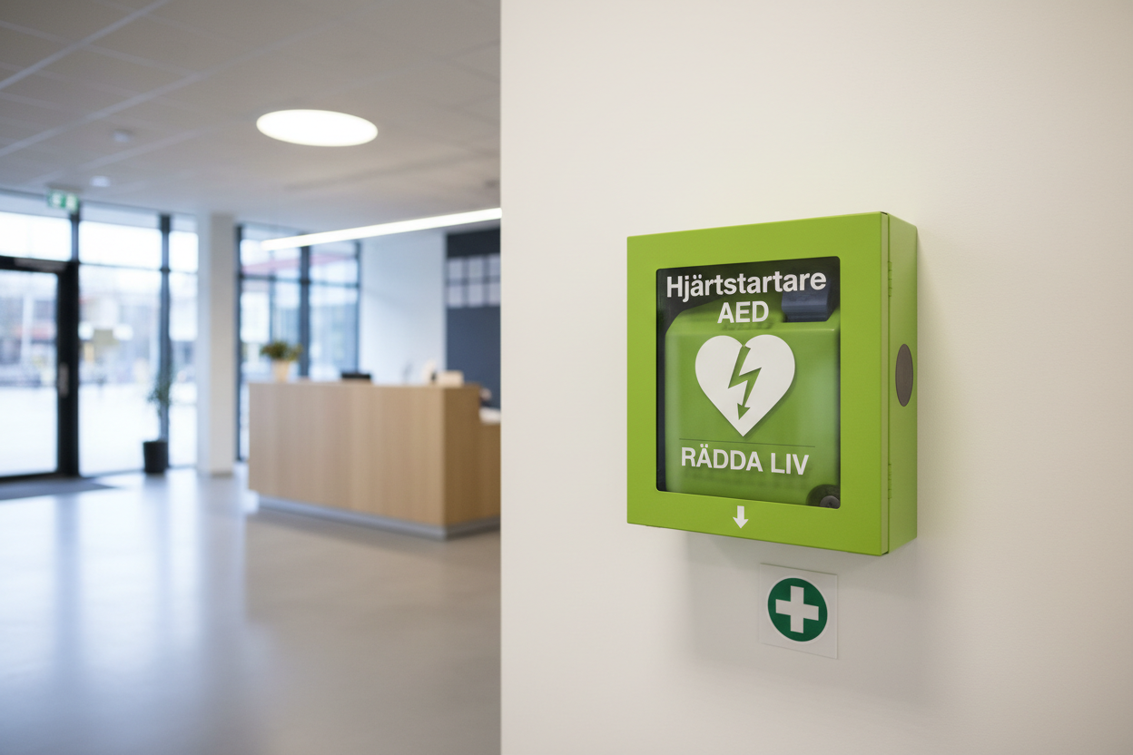 Välj placering för hjärtstartare på en vägg i en modern lobby med receptionsdisk.
