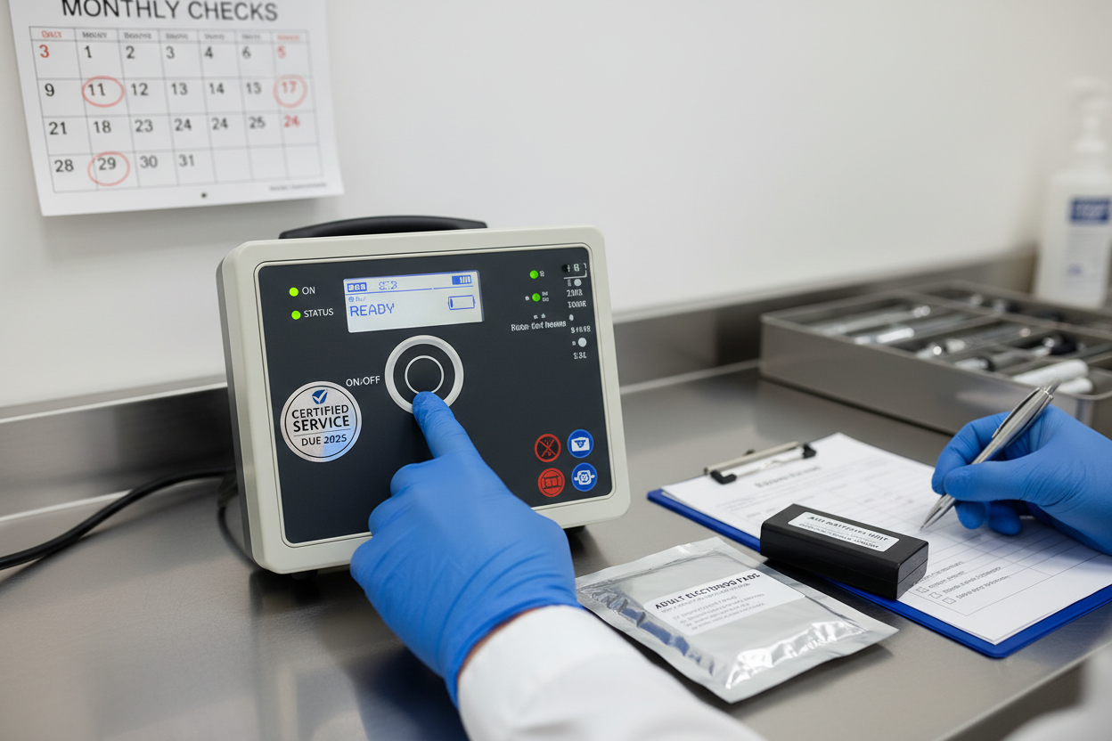 Underhåll av hjärtstartare med inspektion av en enhet och checklistor på skrivbordet.