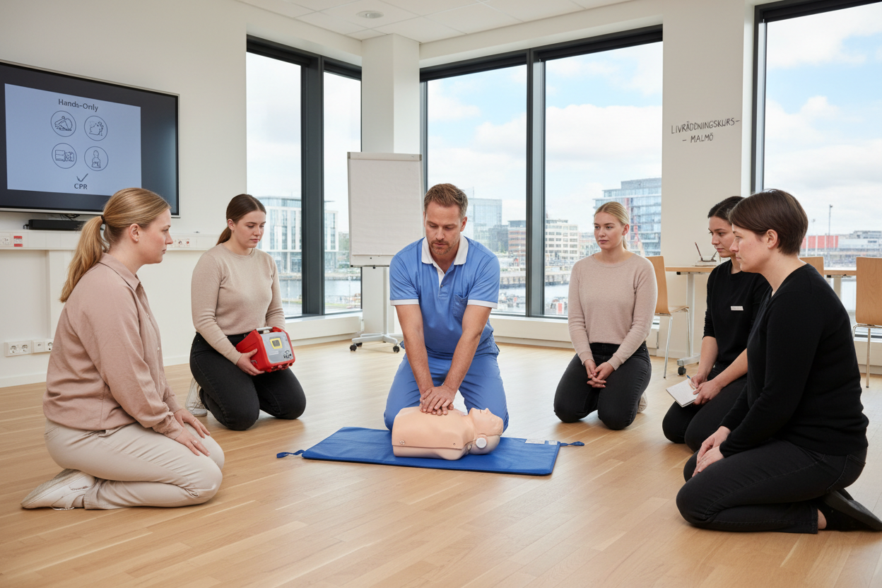 HLR utbildning Malmö – deltagare lär sig livräddande tekniker med hjälp av docka i utbildningslokal.
