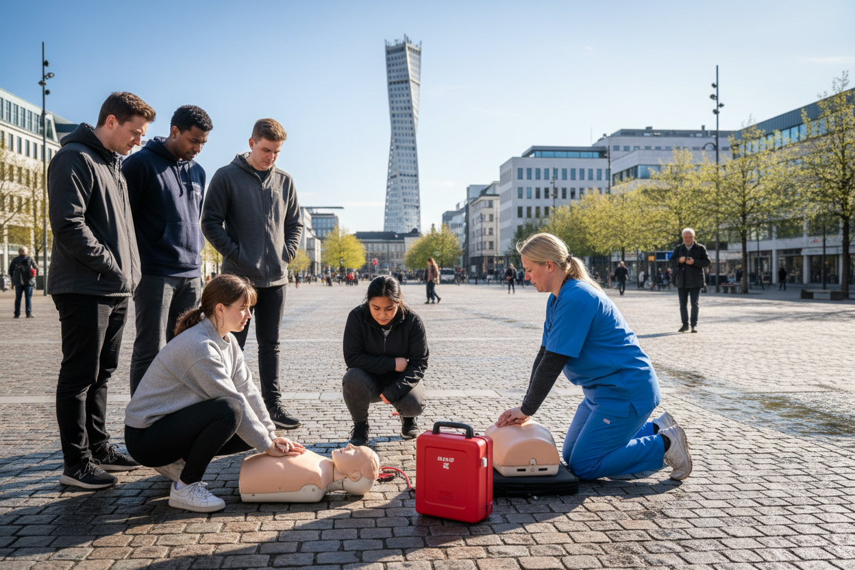 Studenter deltar i HLR utbildning Malmö utomhus med dockor och utrustning i stadsmiljö.