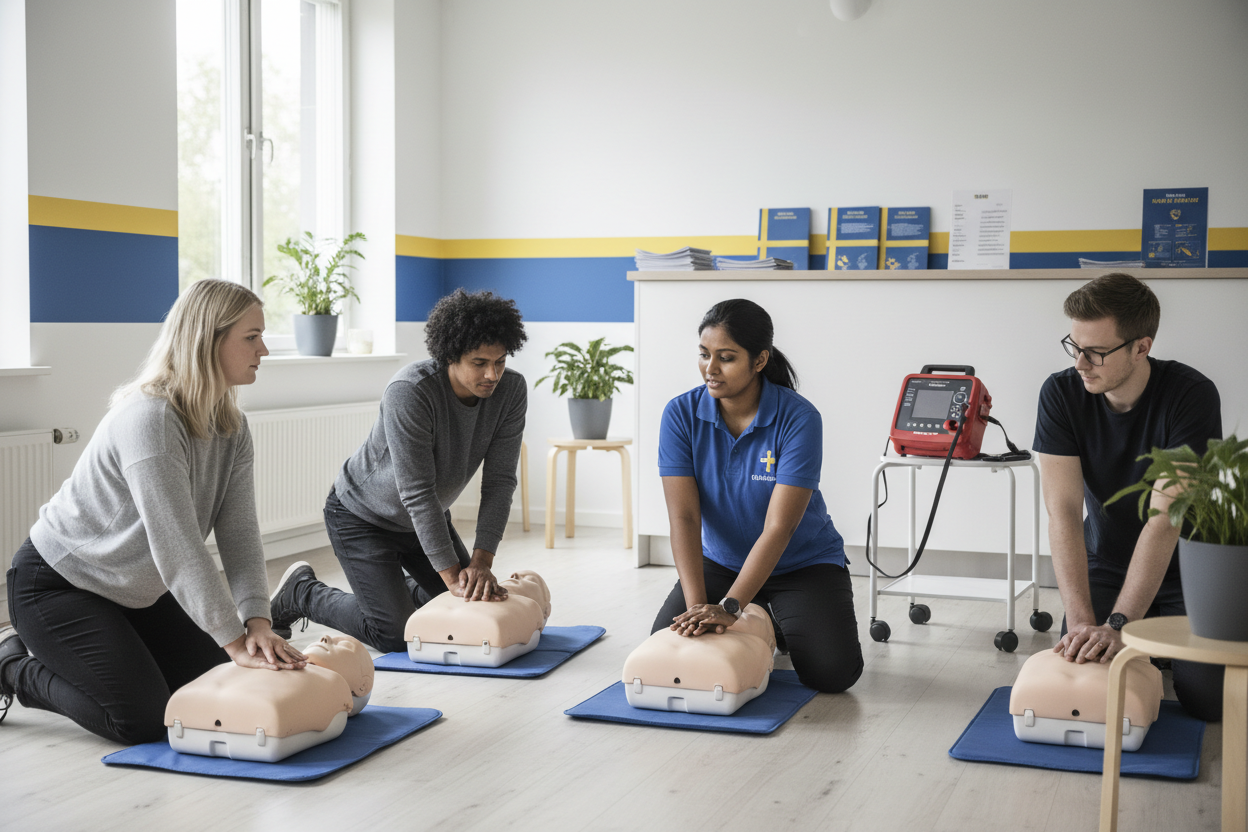 Skillnader mellan HLR med och utan hjärtstartare, deltagare utför HLR på träningdockor.