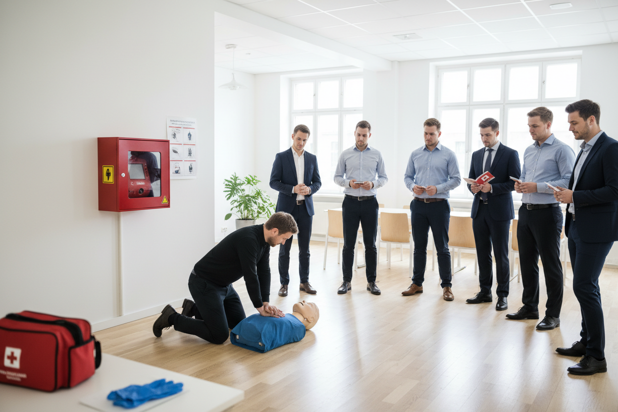 En man ger första hjälpen i vardagen medan andra observerar i en ljus lokal.