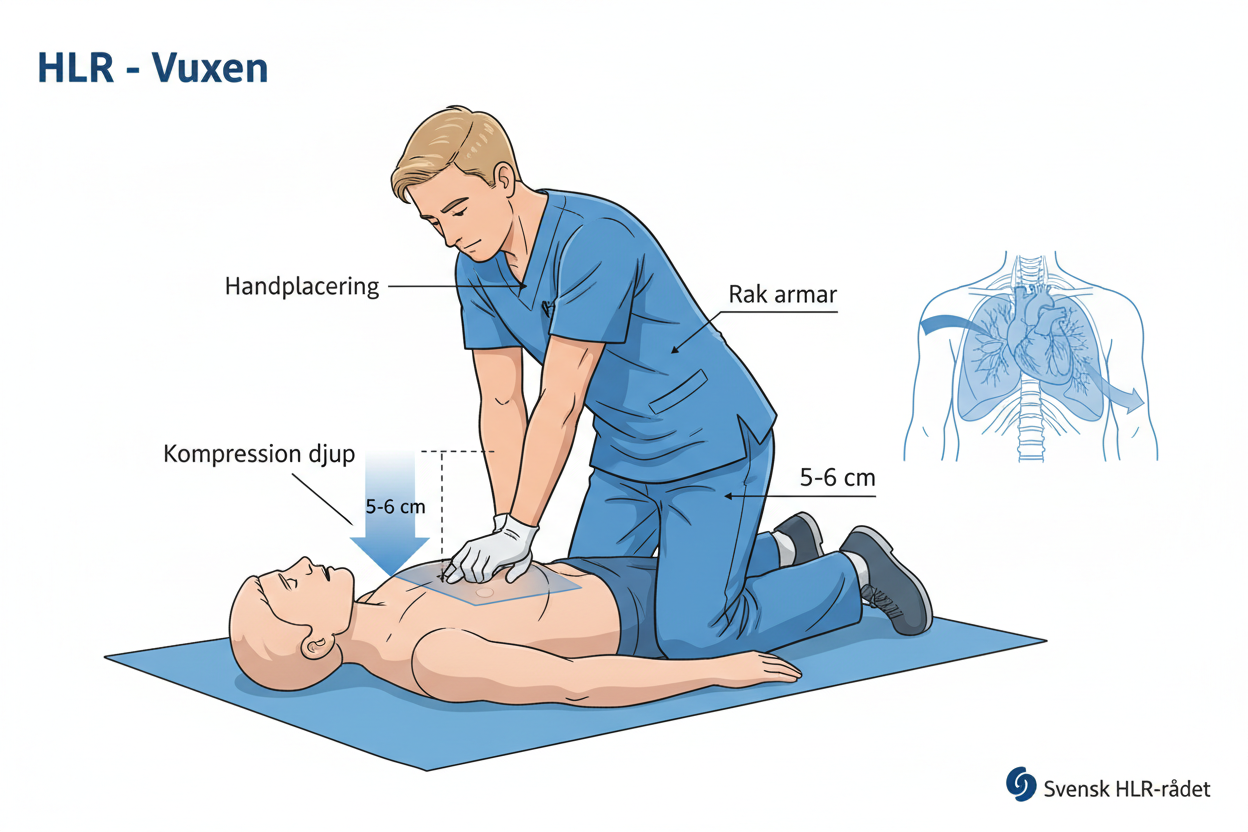 HLR statistik Skåne: illustration av hjärt-lungräddning på vuxen med korrekt handplacering och kompression djup.
