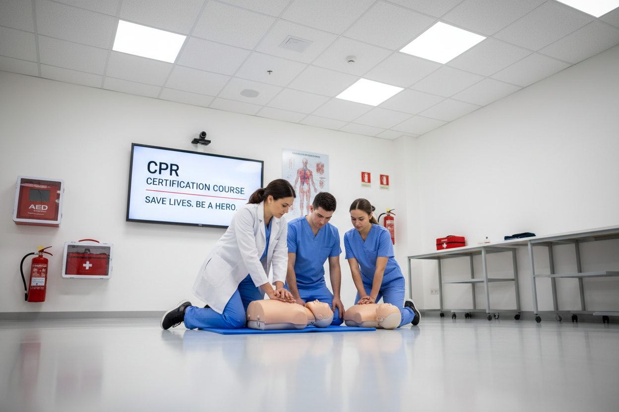 Hjärt-lungräddning steg-för-steg genomsyrar CPR-certifieringskurs där deltagarna övar på dockor.