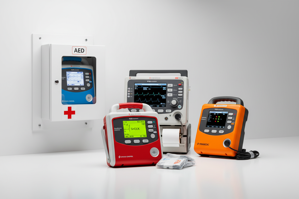 Hjärtstartare för hemmet visar olika modeller för säkerhet och första hjälpen.