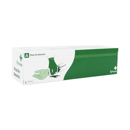 Presto Stoppa Blödning-kit refill box displayed with a green design and first aid imagery.