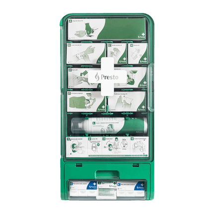 Presto Första Hjälpen-station Blå/HORECA med kompletta kit för sår, brännskador och blödningar.