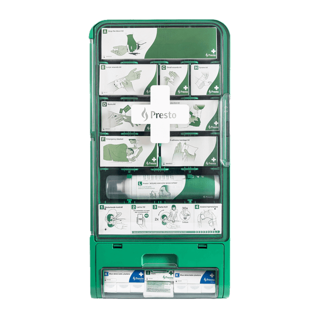 Presto Första Hjälpen-station Blå/HORECA med kompletta kit för sår, brännskador och blödningar.