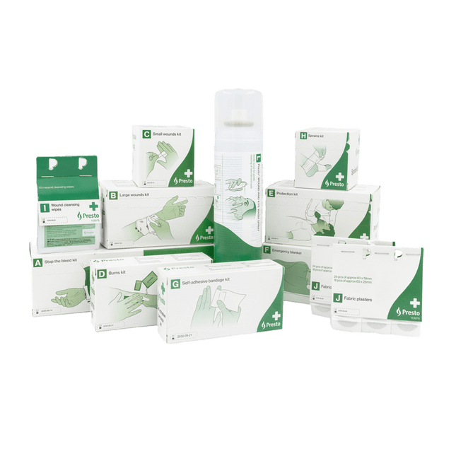 Presto Första Hjälpen-station refill med olika första hjälpen-produkter i set för snabb och effektiv medicinsk hjälp.