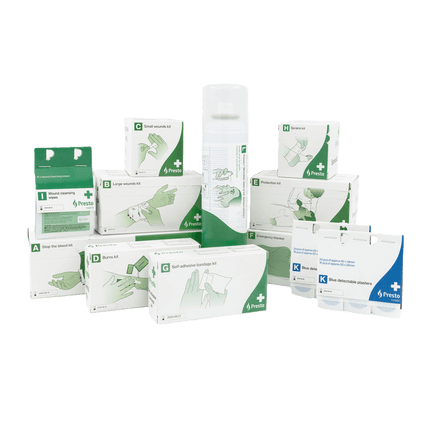 Presto Första Hjälpen-station refill med förbandskit och handskar för snabb första hjälpen-återställning.