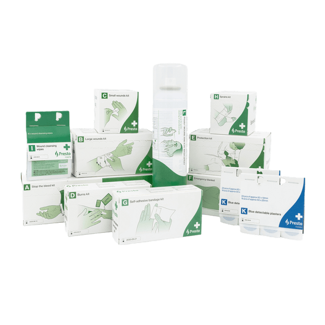 Presto Första Hjälpen-station refill med förbandskit och handskar för snabb första hjälpen-återställning.
