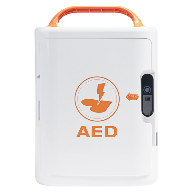 halvautomatisk hjärtstartare Mediana A16 med tydlig AED-symbol och användarvänlig design.