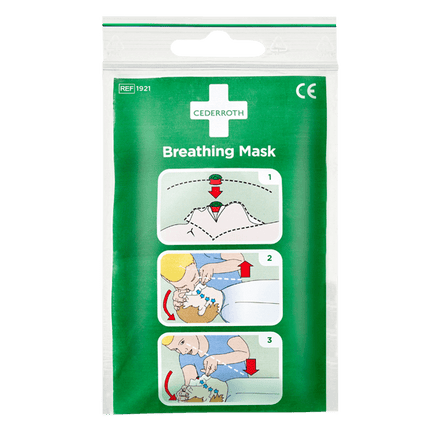 Andningsmask mun-munduk refill för Cederroth tavlor, skåp och väskor med instruktioner.