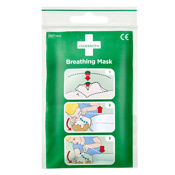 Andningsmask mun-munduk refill för Cederroth tavlor, skåp och väskor med instruktioner.