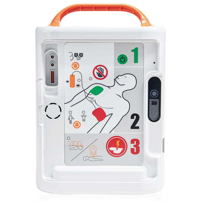 Halvautomatisk hjärtstartare Mediana A16 med instruktionsillustration och handtag för enkel användning.