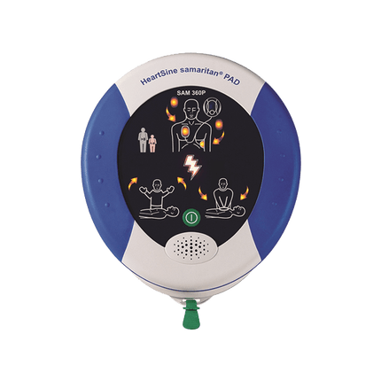 Samaritan PAD 360P defibrillator med tydliga instruktioner och ljusindikator för användning.