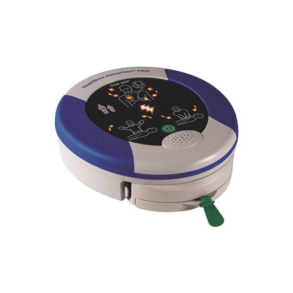 Samaritan PAD 360P defibrillator med användarvänlig design och tydliga ljusindikatorer.