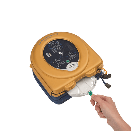 Samaritan PAD 360P defibrillator med bärväska, elektrisk analys och röstguide.