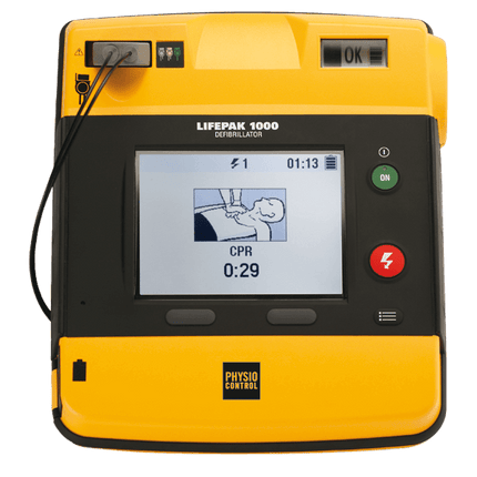 Hjärtstartare Lifepak 1000 med EKG, bärbar defibrillator med tydlig skärm och CPR-timer.