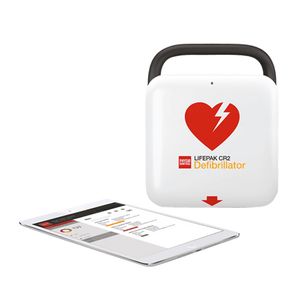 Hjärtstartare Lifepak CR2 Wi-Fi med handtag och surfplatta som visar information.