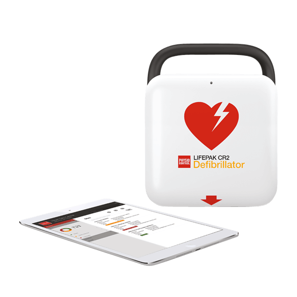 Hjärtstartare Lifepak CR2 Wi-Fi med handtag och surfplatta som visar information.