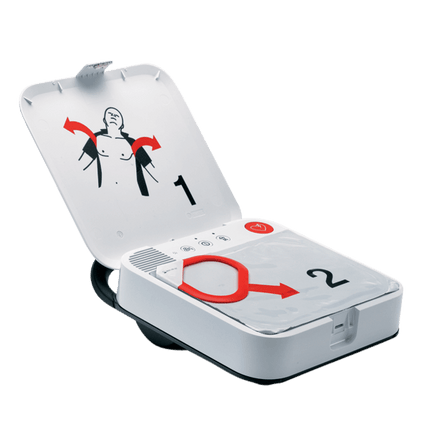 Hjärtstartare Lifepak CR2 Wi-Fi med instruktioner för användning och tillbehör.