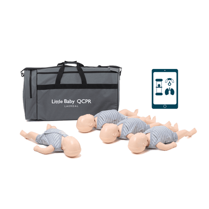 Little Baby QCPR spädbarnsdockor i 4-pack med bärväska och enhet för interaktiv träning.