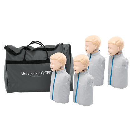HLR-docka för barn med väska och fyra halvkroppsdockor för HLR-utbildning.