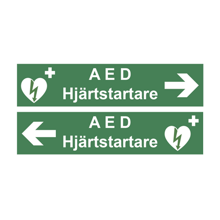 Skylt, AED Hjärtstartare med pil, 400x96mm - MaxMedic