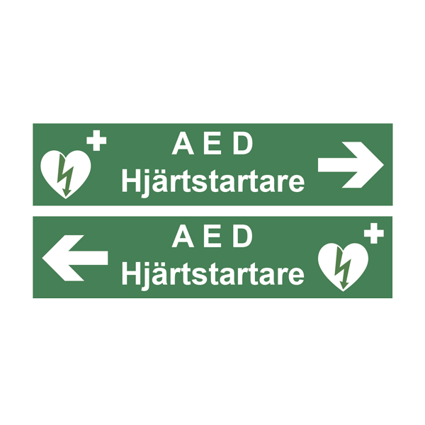 Skylt, AED Hjärtstartare med pil, 400x96mm - MaxMedic