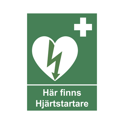 Skylt med text 'Här finns Hjärtstartare' och symbol för hjärtstartare, hjärtstartare skylt.