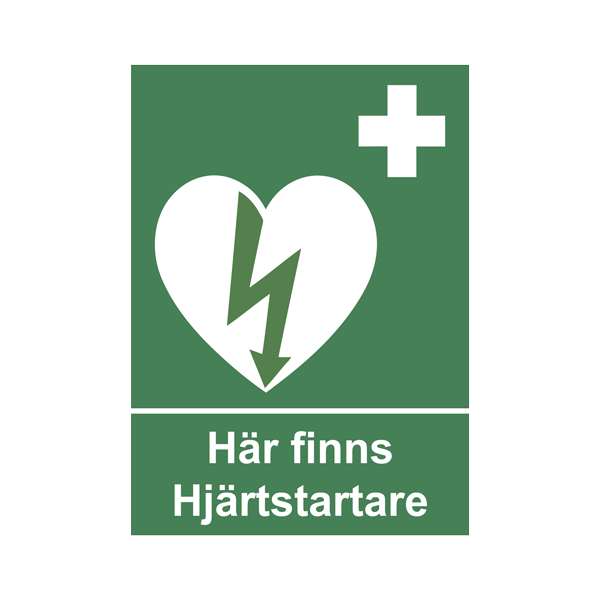 Skylt med text 'Här finns Hjärtstartare' och symbol för hjärtstartare, hjärtstartare skylt.