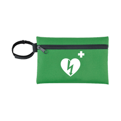 Responder kit med Pocketmask i grön väska med hjärtsymbol och första hjälpen-kors.