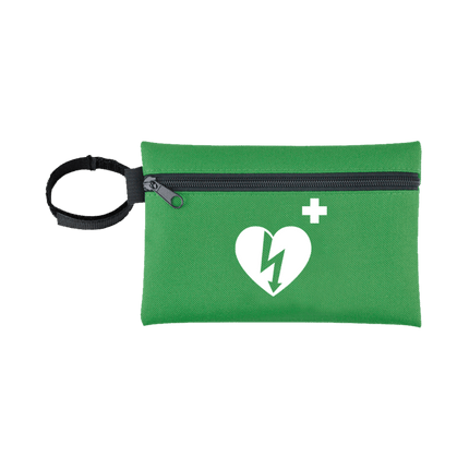 Responder kit med Pocketmask i grön väska med hjärtsymbol och första hjälpen-kors.