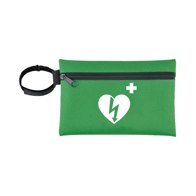 Responder kit med Pocketmask i grön väska med hjärtsymbol och första hjälpen-kors.