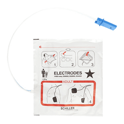 Vuxenelektroder Fred Easy för hjärtstartare med instruktioner och kontaktledning.