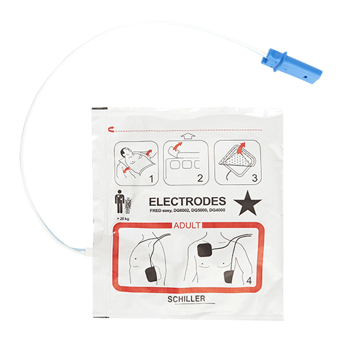 Vuxenelektroder Fred Easy för hjärtstartare med instruktioner och kontaktledning.