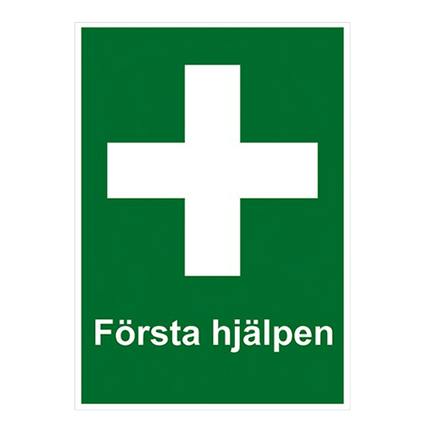 Första hjälpen skylt A4 plast med grön bakgrund och vit korssymbol.