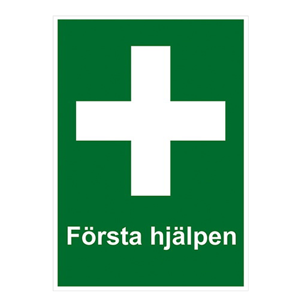 Första hjälpen skylt A4 plast med grön bakgrund och vit korssymbol.