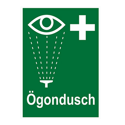 Ögondusch skylt A5 med symbol och text för ögondusch i hårdplast.