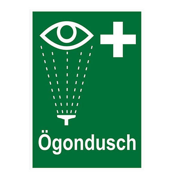 Ögondusch skylt A5 med symbol och text för ögondusch i hårdplast.