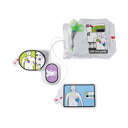 Elektroder Uni-Padz II AED 3 med HLR-feedback och instruktioner för kompressioner.